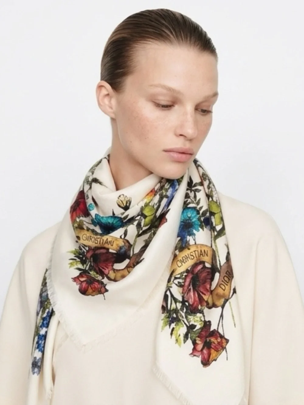Christian Dior White Floral Butterfly Silk Scarf 90 Square Scarf